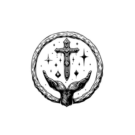 This hand-drawn illustration depicts hands cradling a detailed cross surrounded by stars, symbolizing faith, spirituality, and divine grace. Perfect for religious designs, inspirational art, and spiritual themes.のイラスト素材