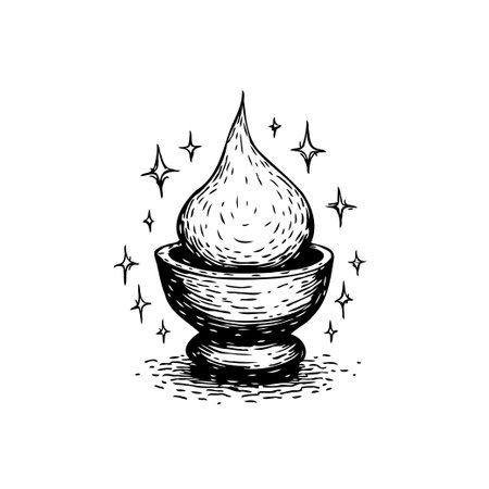Elegant black and white illustration of a water drop in a bowl, surrounded by sparkles. Ideal for conveying concepts of purity, spirituality, and serenity.のイラスト素材