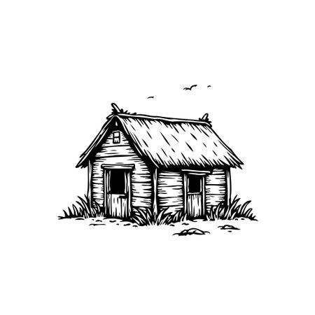 A detailed monochrome illustration features a small, thatched-roof hut. This artwork evokes a sense of rustic simplicity and rural charm, perfect for designs.のイラスト素材