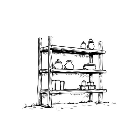 A hand-drawn sketch showcases a rustic wooden shelving unit filled with vintage pottery. This simple illustration brings a touch of farmhouse charm to any design.のイラスト素材