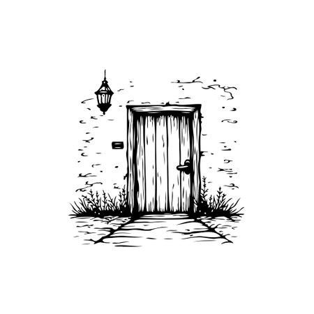 A vintage door illustration evokes old world charm with a lantern. The design creates an atmosphere of intrigue and anticipation, inviting exploration.のイラスト素材