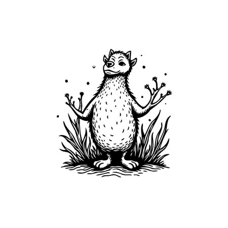A hand-drawn illustration shows a whimsical creature standing in a grassy field with open arms, evoking a sense of joy and connection with nature.のイラスト素材