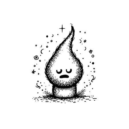 A black and white drawing of a ghost-like character with a sad face is illustrated surrounded by celestial details and small stars.のイラスト素材