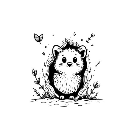 A cute hedgehog illustration peeking out from its burrow. The doodle art style gives the image a whimsical and playful feel.のイラスト素材