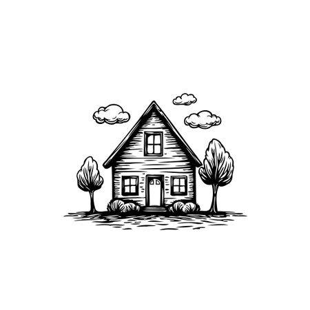 A simple and charming hand drawn illustration of a small house nestled in a serene landscape with trees and clouds. The artwork is rendered in elegant line art.のイラスト素材