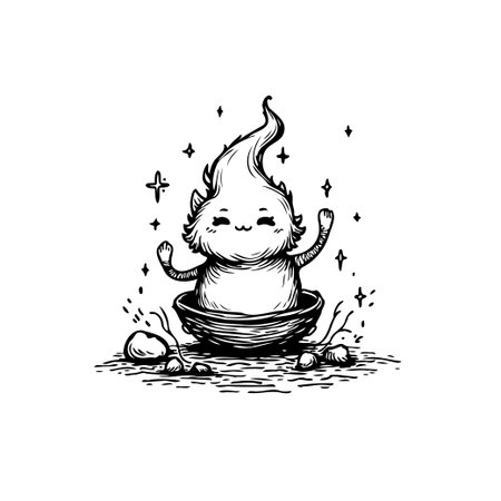 A cute and cheerful character rising from a bowl, surrounded by sparkles, radiating an aura of enchantment and wonder. This illustration captures a whimsical scene, inviting viewers into a tale of magic and fantasy.のイラスト素材