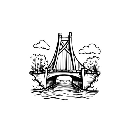 An artistic grayscale illustration of a suspension bridge over water, framed by trees and clouds, showcases the bridge's architectural design.のイラスト素材