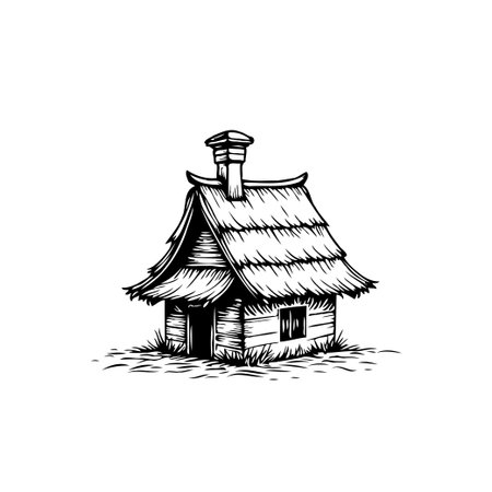 A quaint, rustic cottage, sketched in black and white, stands alone with its unique architecture and vintage charm.のイラスト素材