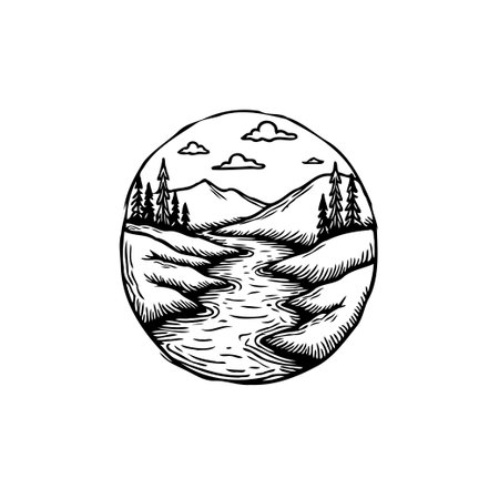 A monochrome hand-drawn illustration depicts a tranquil landscape. A winding river flows through mountainous terrain, framed by tall trees, rendered inside a circle, creating a calm and peaceful atmosphere.のイラスト素材