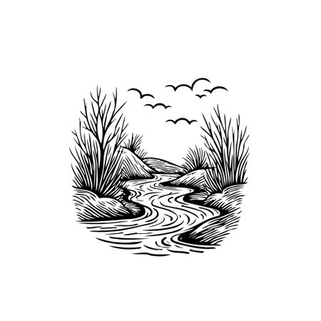 A detailed monochrome illustration of a winding river landscape with trees and birds, rendered in a classic engraved style, capturing the peacefulness of nature.のイラスト素材