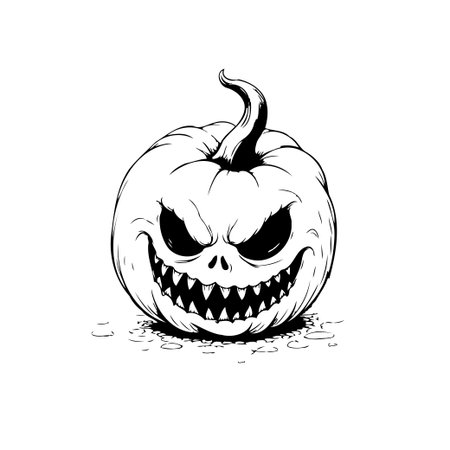 Spooky Halloween pumpkin with scary face perfect for posters and thematic projects. Illustration of the famous Halloween pumpkin with an aggressive expression. Drawing in black and white.のイラスト素材