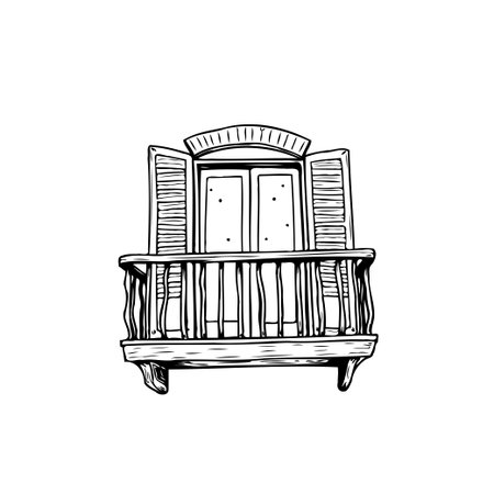 A hand-drawn style illustration of a charming old balcony with open shutters and a wooden railing, evokes a sense of classic architecture.のイラスト素材