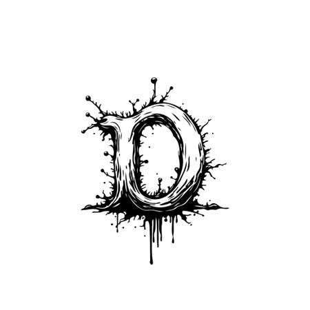 A creative black and white illustration of letter D, with abstract splash and ink drops creating a visually appealing typography element.のイラスト素材