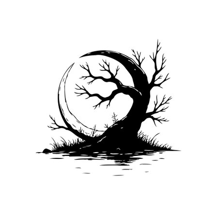 A striking black and white drawing portrays a bare tree silhouetted against the moon, creating a mystical and serene nighttime scene. The illustration evokes a sense of tranquility and natural beauty.のイラスト素材