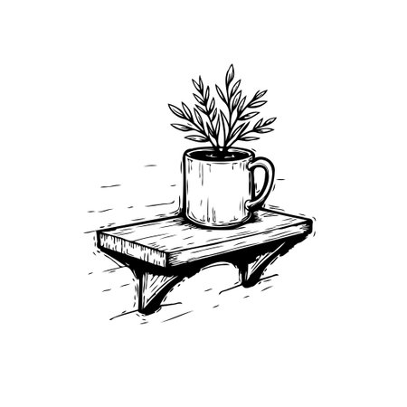 A hand-drawn illustration features a plant sprouting from a mug placed on a rustic shelf, adding a touch of nature to home decor with a minimalist aesthetic.のイラスト素材