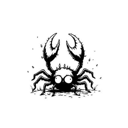 A cartoon-style crab with exaggerated features and large eyes is centered on a white background. The crab is drawn in black lines, conveying a playful mood.のイラスト素材