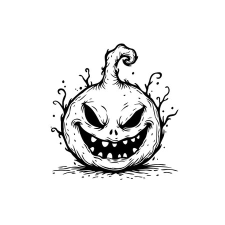 An eerie illustration of a pumpkin jack o lantern with a grinning face, ideal for Halloween themed designs. Created as black and white outline art.のイラスト素材
