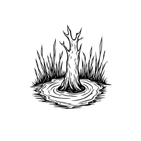 Monochromatic illustration of a dead tree rising from murky swamp waters. The desolate landscape evokes a spooky and eerie atmosphere.のイラスト素材