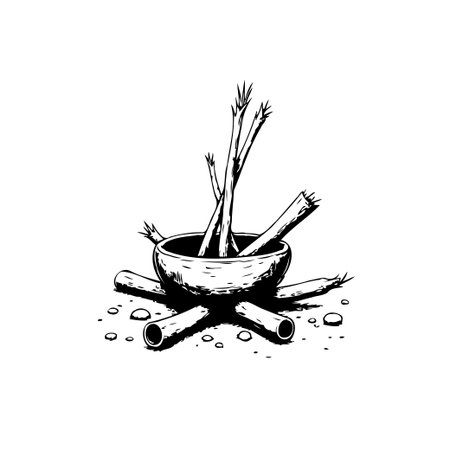 A sketch-style illustration presents a rustic bowl filled with herbs, surrounded by wooden logs and pebbles, evoking a sense of traditional medicine and natural wellness.のイラスト素材