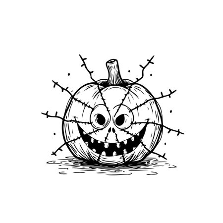 A black and white cartoon style Halloween pumpkin with a spooky face. This vector illustration is perfect for adding a festive touch to any Halloween project.のイラスト素材