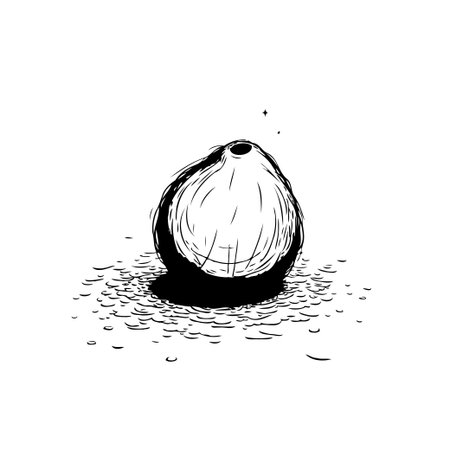 A monochromatic illustration of a coconut is rendered with rough shading, highlighting the fruit's texture and form. The simple style adds to its organic appeal, and overall look, making it ideal for various design projects.のイラスト素材