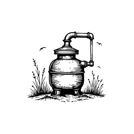 A vintage-style illustration showcases an old distillery still surrounded by plants with birds flying by. This detailed graphic evokes a sense of traditional craftsmanship and rustic charm.のイラスト素材