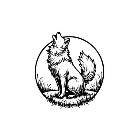 Detailed monochrome illustration of a howling wolf within a circle. The drawing showcases a wild predator in its natural habitat, howling under the moon light.のイラスト素材