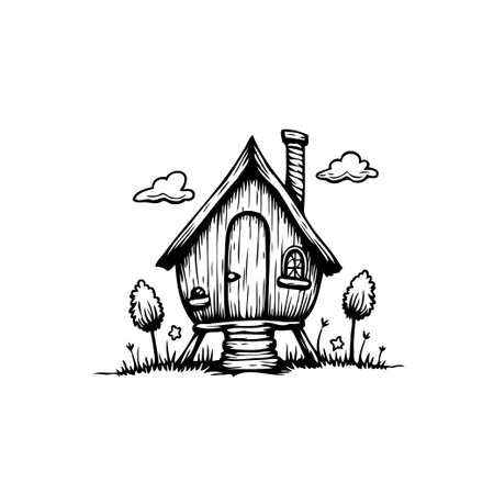 Whimsical woodcut style illustration of a charming house with a chimney. This cozy abode is surrounded by nature and invites you into a world of fantasy.のイラスト素材