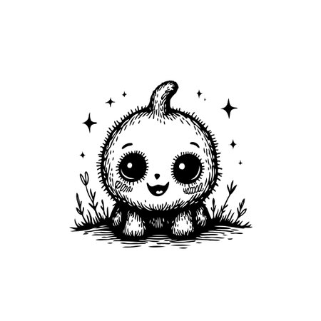 Cute cartoon character with big eyes smiles. Black and white hand-drawn style. It is perfect for children's books, web design, or other creative projects.のイラスト素材