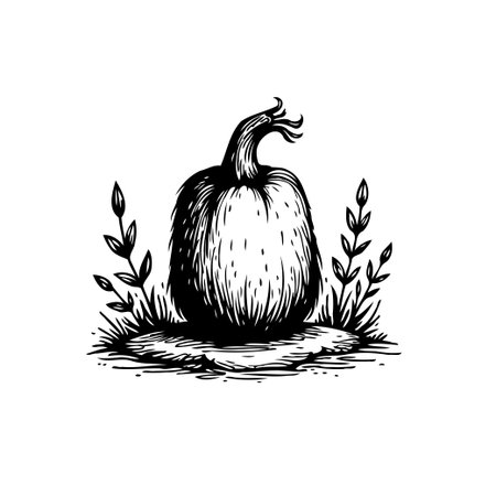 Whimsical hand-drawn illustration of a pumpkin surrounded by foliage. Perfect for autumn, Halloween, or Thanksgiving-themed designs. This vector art adds a rustic and organic touch to any project.のイラスト素材
