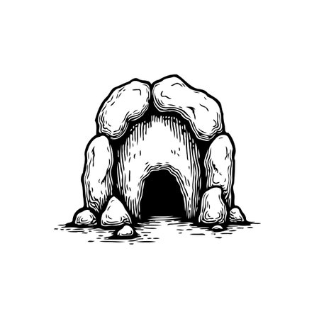 A hand-drawn illustration of a stone structure with a dark opening, reminiscent of an ancient cave entrance or passage. The sketch art style adds a sense of mystery and age.のイラスト素材