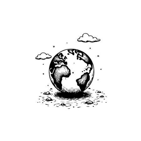 Illustration of the earth globe in a hand-drawn style, surrounded by clouds and stars, representing environmental conservation and global sustainability efforts.のイラスト素材