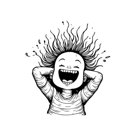 A black and white drawing of a child laughing with their hands behind their head, expressing pure happiness. A representation of childhood joy and carefree spirit.のイラスト素材