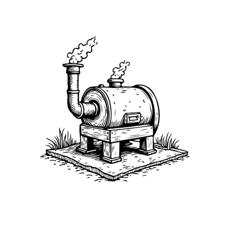 A vintage style illustration of an industrial steam boiler on a platform with smoke. Perfect for designs needing a retro industrial feel.のイラスト素材