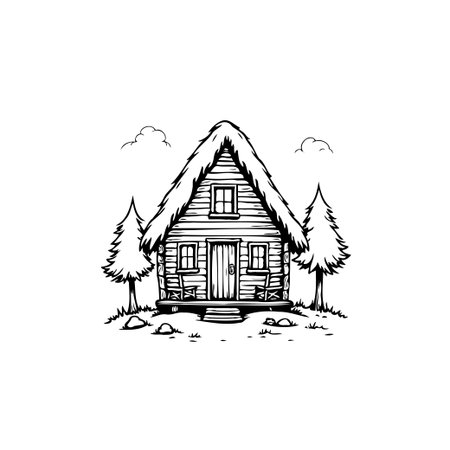 A charming black and white illustration of a cozy cabin surrounded by trees evokes a sense of rustic simplicity and peaceful solitude, perfect for themes of nature and tranquility.のイラスト素材
