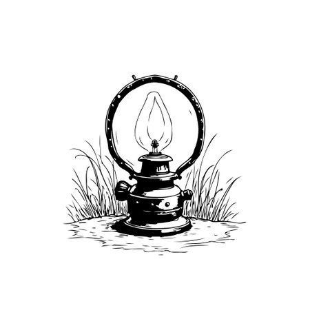 Vintage kerosene lantern illustration in monochrome drawing and design standing out in rural landscape with grass is an antique art.のイラスト素材