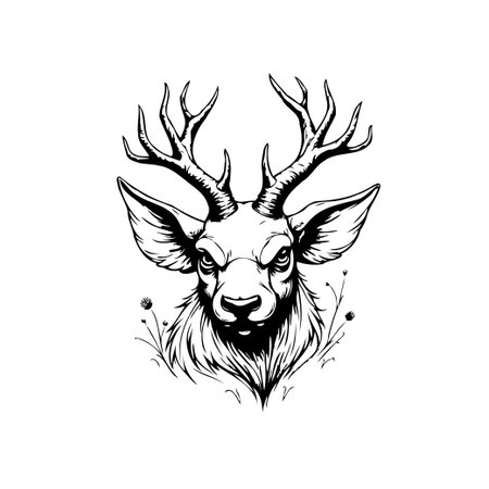 Detailed black and white illustration of a deer head with large antlers. Perfect for designs needing a vintage or nature-inspired aesthetic.のイラスト素材