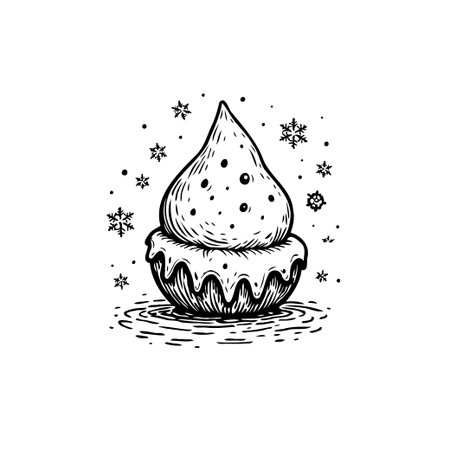A hand-drawn winter dessert illustration featuring a cupcake with frosting surrounded by snowflakes. The black and white sketch evokes a festive and seasonal mood.のイラスト素材