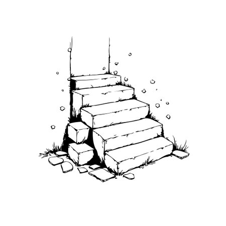 Black and white sketch of a weathered stone staircase, symbolizing progress and architectural detail. Ideal for illustrations and design elements.のイラスト素材