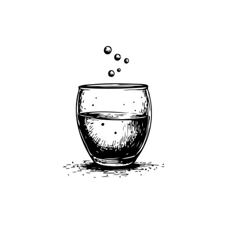 A minimalist monochrome illustration of a glass of water with rising bubbles, symbolizing refreshment and purity. Perfect for representing hydration, healthy living, and simple pleasures.のイラスト素材