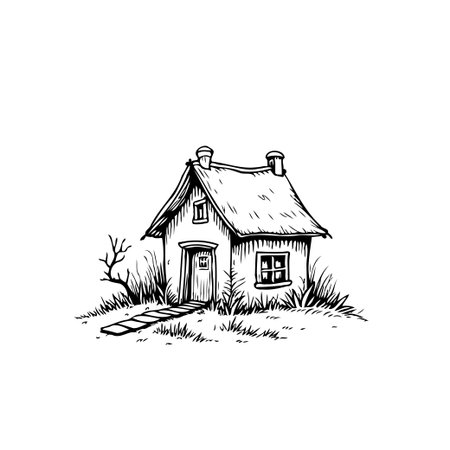 A simple drawing of a small house with a stone path, surrounded by grass, capturing a peaceful and rural scene. The image evokes a sense of charm and simplicity.のイラスト素材