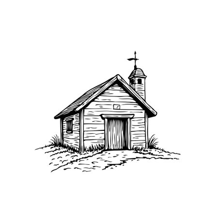 A detailed monochrome sketch portrays a quaint chapel nestled atop a gentle grassy hill. The building exudes a rustic charm and a sense of serene simplicity.のイラスト素材