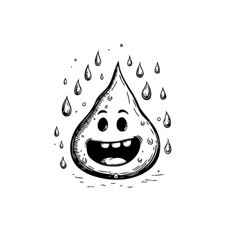 A whimsical cartoon illustration of a smiling water drop character, surrounded by smaller droplets, conveys a sense of freshness and cleanliness.のイラスト素材