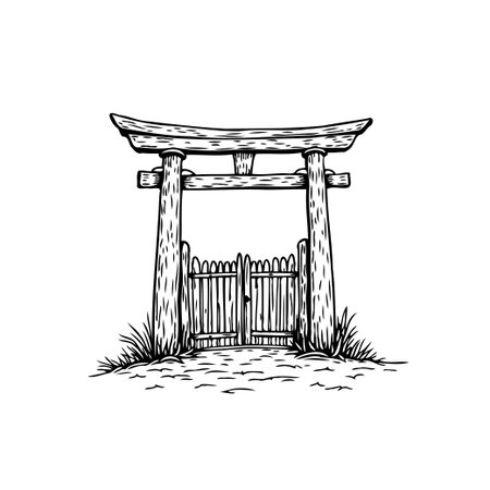 This sketch depicts a traditional Japanese torii gate, symbolizing a transition to a sacred space. Its vintage style and architectural design evoke cultural heritage and zen tranquility.のイラスト素材