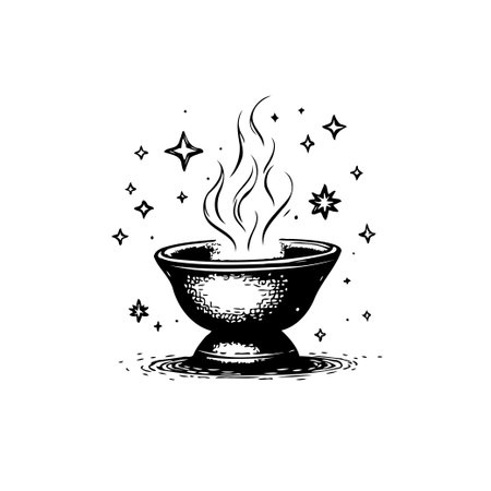 A detailed illustration featuring a bowl emitting smoke, surrounded by stars. The artwork evokes a sense of magic, spirituality, and mystical ritual.のイラスト素材