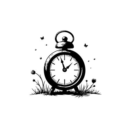 A vintage alarm clock amidst grass and butterflies. This monochrome illustration is perfect for projects centered on time, nostalgia, or the beauty of simple, timeless designs.のイラスト素材