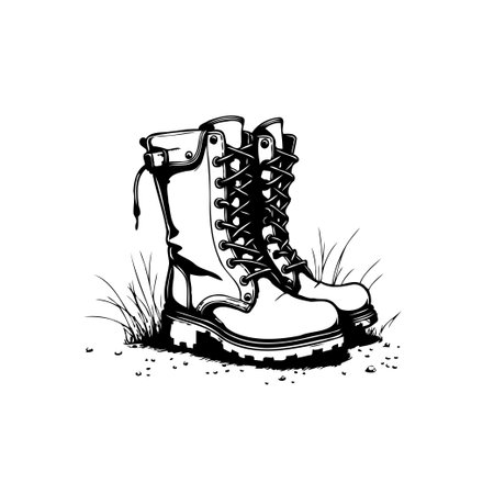 Detailed monochrome drawing of a pair of vintage lace-up boots, perfect for outdoor adventures and fashion projects. Features intricate details and a classic, rugged style.のイラスト素材