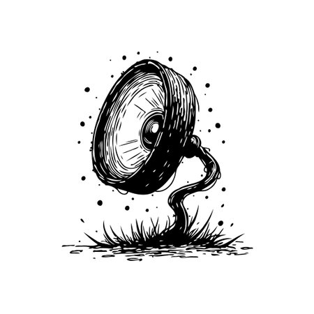 A surreal monochrome illustration shows an eye-shaped lamp emerging from the ground, blending organic and mechanical elements in a unique fantasy scene.のイラスト素材