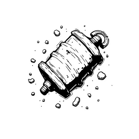 A detailed hand-drawn illustration features a vintage canister surrounded by scattered elements. The black and white sketch style highlights the rustic metal textures.のイラスト素材