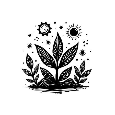 Black and white illustration features foliage growing with sun, stars, and gears, symbolizing environmental harmony and technological advancement. The design conveys themes of organic growth and ecological balance.のイラスト素材